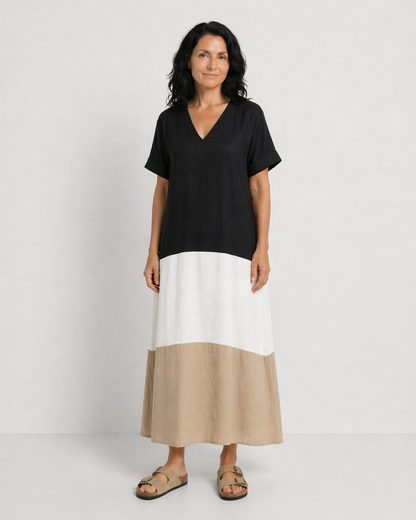 NATALIA | VESTIDO MIDI CON BLOQUES DE COLOR Y MANGAS CORTAS