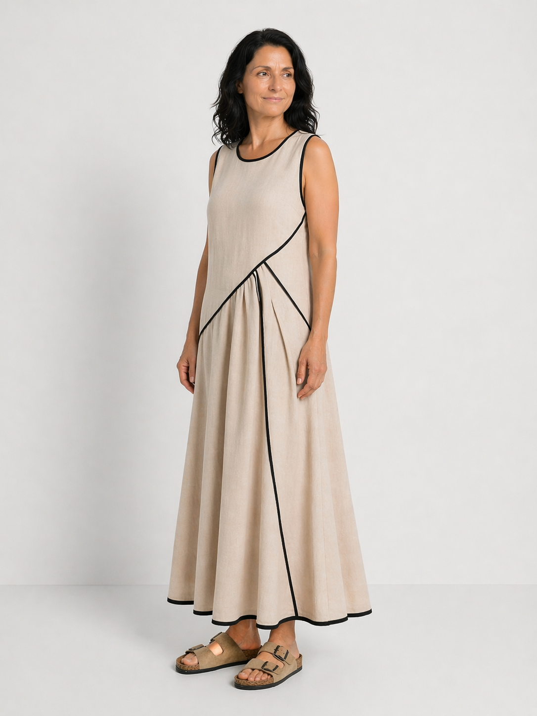 VALENTINA | VESTIDO MAXI DRAPEADO SIN MANGAS Y CUELLO REDONDO